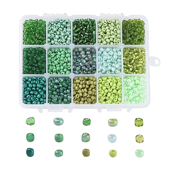 6/0 Glass Seed Beads, Transparent & Frosted Colors & Baking Paint & Opaque Colors Lustered & Opaque Colours &  Trans. Colours Lustered & Silver Lined & Transparent Colours Rainbow & Ceylon, Round, Green, 6/0, 4mm, Hole: 1~2mm, 15color, 20g/color, 300g/box