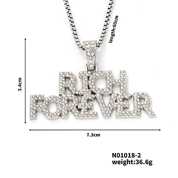 Alloy Crystal Rhinestone 3D English Rich Forever Pendant Necklaces, Platinum, 23.62 inch(60cm)