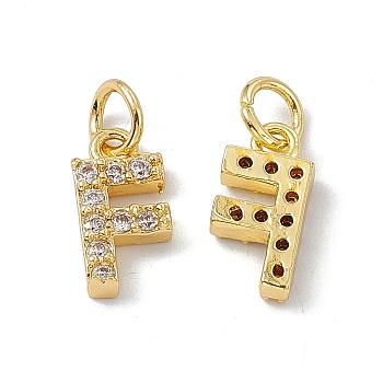 Real 18K Gold Plated Brass Micro Pave Clear Cubic Zirconia Charms, with Jump Ring, Letter.F, 11x6x2.5mm, Hole: 3.4mm