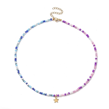 304 Stainless Steel Star Pendant Necklace with Glass Seed Beaded Chains for Women, Colorful, 17.91 inch(45.5cm)
