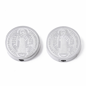 304 Stainless Steel Beads, Flat Round with Saint Benedict Medal, Stainless Steel Color, 14.5x3mm, Hole: 2mm