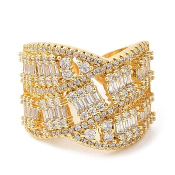 Clear Cubic Zirconia Criss Cross Open Cuff Ring, Brass Rings, Long-Lasting Plated, Lead Free & Cadmium Free, Real 18K Gold Plated, US Size 8 3/4(18.7mm)