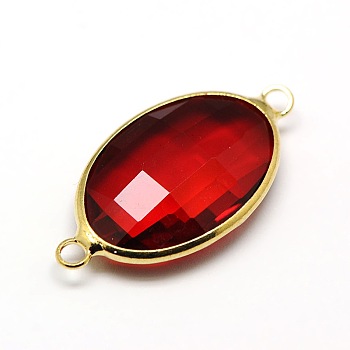 Golden Tone Brass Glass Flat Oval Links connectors, Faceted, Dark Red, 26x14x6mm, Hole: 2mm