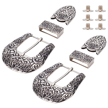 2 Sets Belt Alloy Buckle Sets, include Roller Buckle, Rectangle Silder Charm, Triangle Zipper Stopper, Antique Silver, 79.5x85x5mm