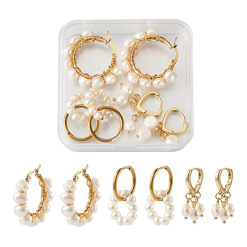 3 Pairs 3 Style Natural Pearl Beaded Hoop Earrings for Girl Women, Golden, 30~33mm, Pin: 0.6~1mm, 1 pair/style