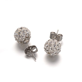 Polymer Clay Rhinestone Ball Stud Earrings, with Stainless Steel Stud Earring Findings, Stainless Steel Color, Crystal, 10mm, Pin: 0.8mm