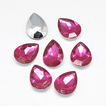 Acrylic Rhinestone Pointed Back Cabochons, Faceted, Bottom Silver Plated, teardrop, Camellia, 18x13x4.5~4.8mm