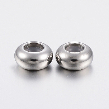 202 Stainless Steel Beads, with Plastic, Slider Beads, Stopper Beads, Rondelle, Stainless Steel Color, 6x3mm, Rubber Hole: 2mm