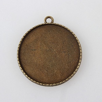 Tibetan Alloy Carved Leaf Pendant Cabochon Bezel Settings, Cadmium Free & Nickel Free & Lead Free, Antique Bronze, Flat Round Tray: 35mm, 42x37x3mm, Hole: 3mm, about 123pcs/kg