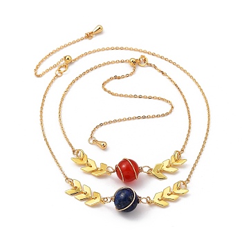 Adjustable Brass Slider Bracelets Sets, with Natural Agate & Lapis Lazuli Beads and Cable Chains, Real 18K Gold Plated, Inner Diameter: 3 inch(7.6cm), 2pcs/set