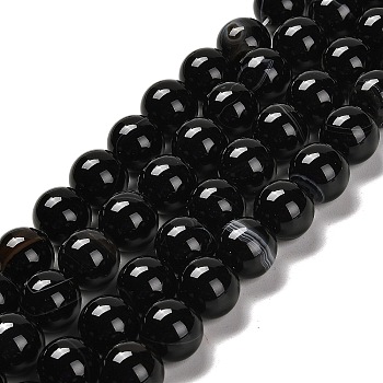 Natural Striped Agate/Banded Agate Beads Strands, Round, Dyed & Heated, Black, 14mm, Hole: 1.5mm, about 29pcs/strand, 15.75''(40cm)