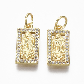 Brass Micro Pave Clear Cubic Zirconia Pendants, Lady of Guadalupe Charms, with Jump Ring, Nickel Free, Rectangle with Virgin Mary, Real 18K Gold Plated, 17x8x2mm, Jump Ring: 5x0.8mm, Inner Diameter: 3.4mm
