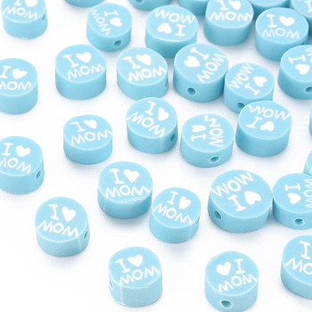 Handmade Polymer Clay Beads, Mother's Day Theme, Flat Round with Word I Love MOM, Light Sky Blue, 8~9.5x3.5~4.5mm, Hole: 1.5mm
