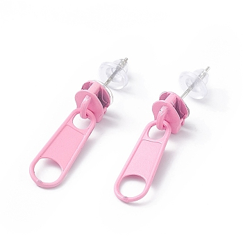 Alloy Zipper Buckle Dangle Stud Earrings with Iron Pins for Women, Pearl Pink, 25.5mm, Pin: 0.7mm