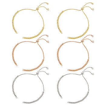 6Pcs 3 Colors Half Finished Brass Cubic Zirconia Slider Bracelets, Bolo Bracelets, with Jump Rings, for Adjustable Connector Bracelets, Mixed Color, 10-1/2 inch(26.8cm), Hole: 1.6mm, 2pcs/color