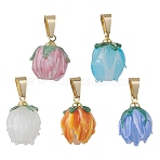 Handmade Lampwork Pendants, Tulip/Flower Charms, with Brass Cup Pearl Peg Bails Pin Pendants, Mixed Color, 16.5~19x13mm, Hole: 3.7x7mm(PALLOY-JF05186)