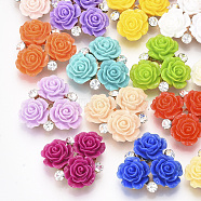 Resin Cabochons, with Light Gold Plated Alloy and Crystal Rhinestone, Flower, Mixed Color, 27~29x27~28x9.5mm(RB-S066-08KC)