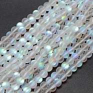Synthetic Moonstone Beads Strands, Holographic Beads, Half AB Color Plated, Frosted, Round, White, 8mm, Hole: 1mm, about 46pcs/strand, 15 inch(G-F142-8mm-01)
