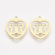 201 Stainless Steel Pendants, Laser Cut Pendants, Heart with Butterfly, Golden, 17.5x15x1mm, Hole: 1.4mm(X-STAS-T044-135G)
