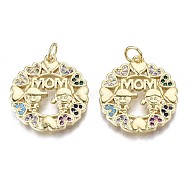 Brass Micro Pave Colorful Cubic Zirconia Pendants, with Jump Ring, for Mother's Day, Cadmium Free & Nickel Free & Lead Free, Flat Round with Word Mom & Girl & Boy, Real 16K Gold Plated, 21.5x19.5x2.5mm, Jump ring: 5x0.6mm, Inner Diameter: 3mm(KK-S061-67G-NR)