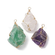 3Pcs Natural Rose Quartz & Amethyst & Fluorite Big Pendants Sets, Nuggets Charms with Copper Wire Wrappeds, Light Gold, 46~55.5x31~33x18.5~19.5mm, Hole: 4.5mm(PALLOY-JF02623)