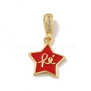 Brass Micro Pave Cubic Zirconia Pendants, with Enamel, Cadmium Free & Lead Free, Long-Lasting Plated, Star with Word Re, Real 18K Gold Plated, FireBrick, 14x12x2mm, Hole: 3.5x2mm(KK-B059-38G-B)