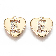 Brass Micro Pave Clear Cubic Zirconia Charms, Nickel Free, Real 18K Gold Plated, Flat Heart, Letter.E, 10x10x1mm, Hole: 1mm(KK-N231-234E-NF)