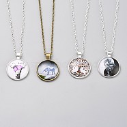 Alloy Glass Pendants Necklaces, with Iron Cable Chains, Flat Round with Mixed Pattern, Mixed Color, 19.09 inch(48.5cm)(NJEW-XCP0001-05)