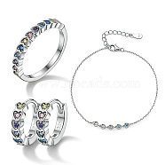 Rhodium Plated Sterling Silver Heart Finger Rings & Link Bracelets & Hoop Earrings, Colorful Cubic Zirconia Heart Jewelry Set, with 925 Stamp, Platinum, Inner Diameter: 18mm(ES9944-9)