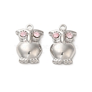 304 Stainless Steel Pendants, with Rhinestone, Owl Charms, Light Rose, 15.5x10.5x4mm, Hole: 1.6mm(STAS-L022-338P-01)
