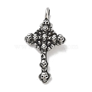 304 Stainless Steel Big Pendants, Antique Silver, Cross with Skull, 55x29x4.5mm, Hole: 7.5x7mm(STAS-M336-01D-AS)