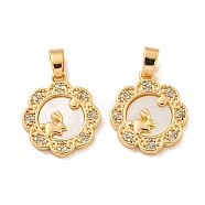 Brass Micro Pave Clear Cubic Zirconia Pendants, with Shell, Round with Rabbit, Real 18K Gold Plated, 17.5x15x2mm, Hole: 3x5mm(KK-A214-23G)