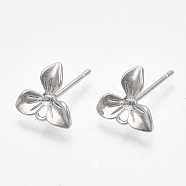 Brass Stud Earring Findings, with Loop, for Half Drilled Beads, Flower, Nickel Free, Real Platinum Plated, 9x10mm, Hole: 1.4mm, Pin: 0.8mm(KK-T038-499P)