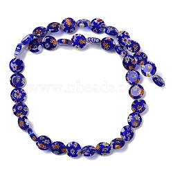 Handmade Millefiori Lampwork Beads Strands, Flat Round, Dark Blue, 9.5~10x3.5~4mm, Hole: 0.6mm, about 36pcs/strand, 13.90''~14.41''(35.3~36.6cm)(LAMP-G166-17B-04)