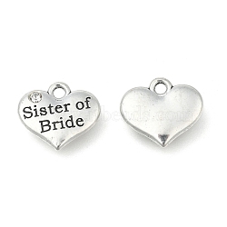 Wedding Theme Antique Silver Tone Tibetan Style Heart with Sister of Bride Rhinestone Charms, Cadmium Free & Lead Free, Crystal, 14x16x3mm, Hole: 2mm(TIBEP-N005-06D)