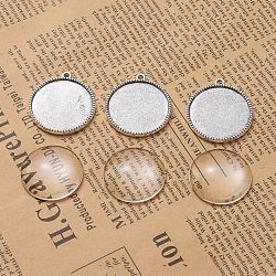DIY Pendant Making, Tibetan Style Alloy Pendant Cabochon Settings and Transparent Glass Cabochons, Flat Round, Antique Silver, Tray: 25mm, 31x27.5x3mm, 24.5~25x6~7mm, 2pcs/set(DIY-X0098-49AS)