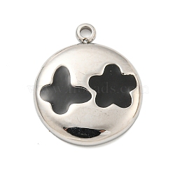 304 Stainless Steel Pendants, with Enamel, Flat Round with Butterfly & Flower Charms, Stainless Steel Color, 18x18x2mm, Hole: 1.4mm(STAS-L080-014P-02)