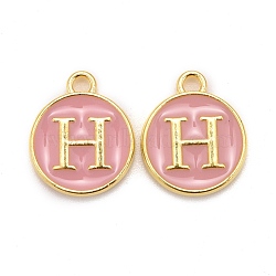 Golden Plated Alloy Enamel Charms, Cadmium Free & Lead Free, Enamelled Sequins, Flat Round with Letter, Pink, Letter.H, 14x12x2mm, Hole: 1.5mm(X-ENAM-S118-07H)