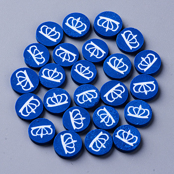Handmade Polymer Clay Cabochons, Fashion Nail Art Decoration Accessories, Flat Round with Crown, Medium Blue, 9.5~11x2mm, about 376~470pcs/94g
