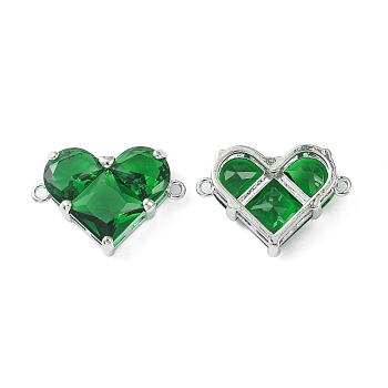 Brass Pave Cubic Zirconia Connector Charms, Heart Links, Real Platinum Plated, Green, 18.5x26x7.5mm, Hole: 1.6mm