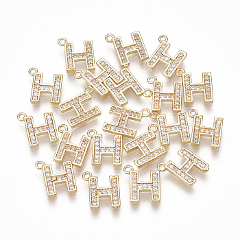 Brass Cubic Zirconia Charms, Letter, Clear, Real 18K Gold Plated, Letter.H, 10x9x1.5mm, Hole: 1mm