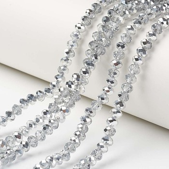 Electroplate Transparent Glass Beads Strands, Half Silver Plated, Faceted, Rondelle, Clear, 6x5mm, Hole: 1mm, about 92~94pcs/strand, 17~17.5 inch(42.5~43.75cm)