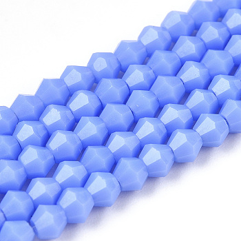 Opaque Solid Color Imitation Jade Glass Beads Strands, Faceted, Bicone, Royal Blue, 2.9~3.3x3mm, Hole: 0.7mm,  about 113~115pcs/strand, 14.04~14.235 inch(36~36.5cm)