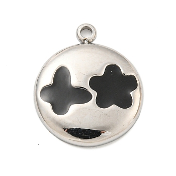 304 Stainless Steel Pendants, with Enamel, Flat Round with Butterfly & Flower Charms, Stainless Steel Color, 18x18x2mm, Hole: 1.4mm