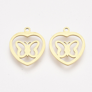 201 Stainless Steel Pendants, Laser Cut Pendants, Heart with Butterfly, Golden, 17.5x15x1mm, Hole: 1.4mm