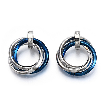 Ion Plating(IP) 201 Stainless Steel Interlocking Ring Pendants, with Crystal Rhinestone, Blue & Stainless Steel Color, 27mm