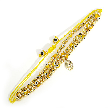 18K Gold Plated Brass Beaded Braided Bead Bracelets, Ethnic Cord Bracelets for Women Men, with Glass Evil Eye Beads, Yellow, Inner Diameter: 11 inch(28cm)