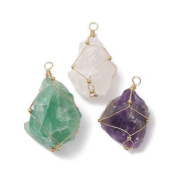 3Pcs Natural Rose Quartz & Amethyst & Fluorite Big Pendants Sets, Nuggets Charms with Copper Wire Wrappeds, Light Gold, 46~55.5x31~33x18.5~19.5mm, Hole: 4.5mm