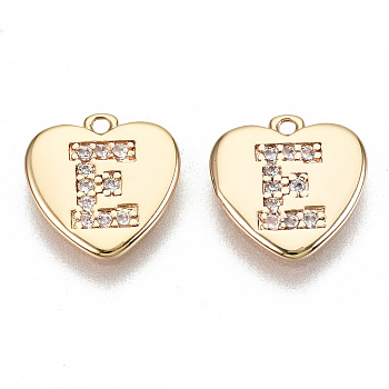 Brass Micro Pave Clear Cubic Zirconia Charms, Nickel Free, Real 18K Gold Plated, Flat Heart, Letter.E, 10x10x1mm, Hole: 1mm