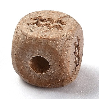 Natural Wood Constellation Beads, Cube, Aquarius, 12x12x12mm, Hole: 4mm